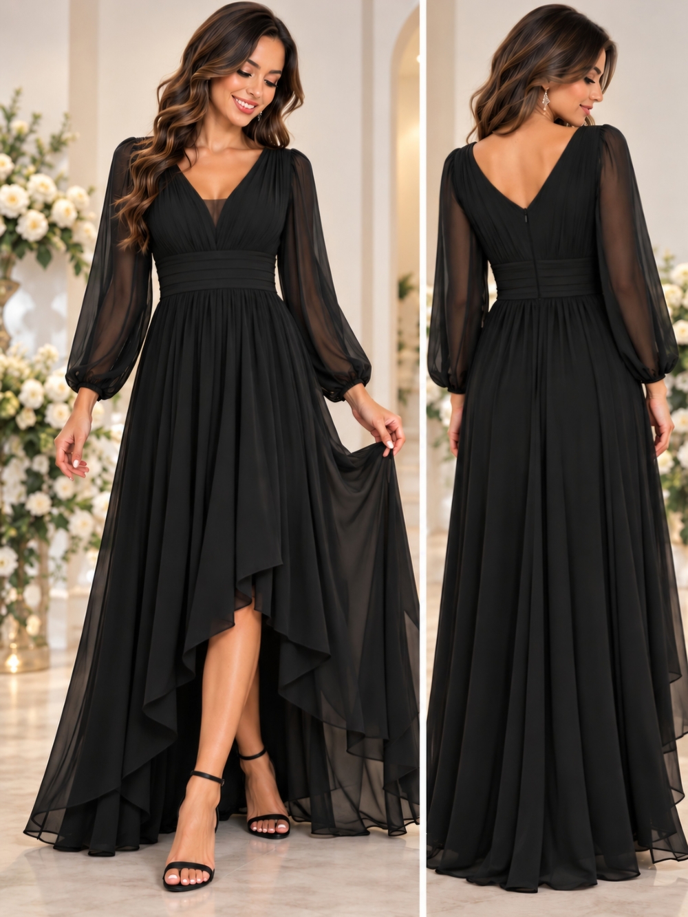 Black Chiffon Dress 0XL XL 16 Long Sleeve High Low Maxi Wedding Guest Bridesmaid